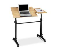 Relaxdays Table pour PC portable réglable, 110x100x50 cm, bois, pupitre, roulettes à frein, 2 étagères, naturel