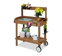 Relaxdays Table pour plantes avec roulettes, bac et tiroir 120 x 97 x 49 cm Brun