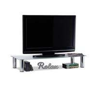 Relaxdays Table TV, Pieds métalliques chromés, élévation écran, rectangulaire,rehausseur, en Verre, 100x35x17 cm,Blanc