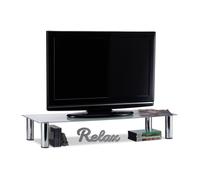 relaxdays Table TV, Pieds métalliques chromés, élévation écran, rectangulaire,rehausseur, en Verre, 100x35x17 cm,Blanc
