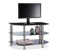 Relaxdays Table TV, Noir, 3 Supports de Verre trempé, Pieds caoutchoutés, Acier Inoxydable, 49x80x45 cm, Noir/argenté