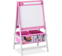 Relaxdays Tableau Dessin Enfant, 2 en 1, Tableau à Rouleau de Papier&Panier, HLP 94x52x46,5 cm, Tableau Noir, Rose/Blanc