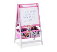 Relaxdays Tableau Dessin Enfant, 2 en 1, Tableau à Rouleau de Papier&Panier, HLP 94x52x46,5 cm, Tableau Noir, Rose/Blanc