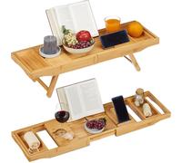 Relaxdays, nature Pont de baignoire extensible plateau tablette salle de bain 2 en 1, réglable 74,5-114 cm, bambou, métal, polyester, 1 élément