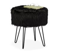 Relaxdays Tabouret Fourrure, Pouf matelassé, Longs Poils, Structure en métal, pour Coiffeuse, HxD : 41x37 cm, Noir