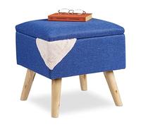 Relaxdays Tabouret avec Espace de Rangement, rembourré Lin Artificiel, Pieds en Bois, Couvercle, HlP 40x40x40cm, Bleu