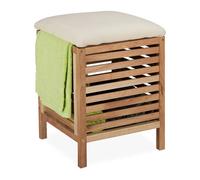 Relaxdays Tabouret avec Rangement, Panier, Noyer, Tissu, Corbeille à Linge 35 l, HLP : 51 x 39 x 39 cm, Nature