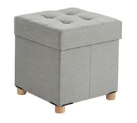 Relaxdays Tabouret coffre rembourré carré 38 x 38 x 38 cm, aspect lin, pieds bois, gris clair