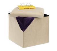Relaxdays Tabouret, Siège avec Rangement, H x L x P : 38 x 38 x 38 cm, Pliable, Tabouret en MDF et Velours, Crème