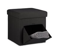 Relaxdays Tabouret de rangement carré pliant en lin couvercle amovible avec tiroir bascule pivotant pouf stockage cube HxlxP: 38 x 38 x 38 cm repose-pieds, noir