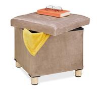 Relaxdays Tabouret de rangement, couvercle-plateau, pieds en bois, pouf carré, H x L x P : 35x38x38 cm, crème