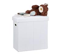 Relaxdays Tabouret de rangement pliable HxlxP: 49,5 x 46 x 25,5 cm, avec rangement en lin, polyester, MDF, blanc