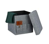 Relaxdays Tabouret de rangement pliant en lin 3 poches pouf pliable avec couvercle coffre repose-pieds 38 x 38 x 38 cm, gris