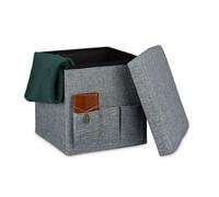 Relaxdays Tabouret de rangement pliant en lin 3 poches pouf pliable avec couvercle coffre repose-pieds 38 x 38 x 38 cm, gris