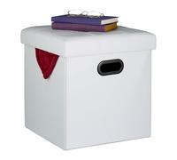 Relaxdays Tabouret de Rangement, rembourré, Pliable, HLP : 39x37x37 cm, Similicuir, Salon, Chambre, Blanc