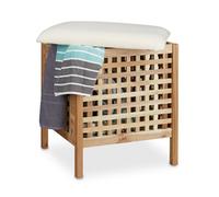 Relaxdays Tabouret de salle de bain en bois de noyer massif compartiment linge coffre coussin assise corbeille 52 litres HxlxP: 52 x 49 x 49 cm, couleur naturelle et blanc