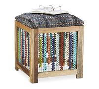 Relaxdays Tabouret en bois ethnique assise colorée fait main pouf repose-pieds HxlxP: 47 x 41 x 42 cm, nature/ coloré