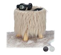 Relaxdays 10025735_93 Tabouret Fausse Fourrure Poils Pouf 4 Pieds, Bois, Marron, 31 x 31 cm