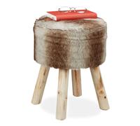 relaxdays Tabouret de Fourrure, décoration, synthétique, siége avec Pieds en Bois, Rustique HxD 42x33x 45 cm,Gris-Brun, 1 élément
