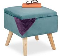 Relaxdays Tabouret de Rangement, matelassé, carré, Pieds en Bois, Salon, H x L x P : 40 x 40 x 40 cm, Turquoise
