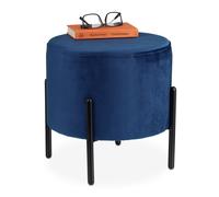 Relaxdays Pouf en Velours, Tabouret Rond, matelassé, Pieds en métal Noir, HxD : 38,5x40,5 cm, siège Tissu, Bleu