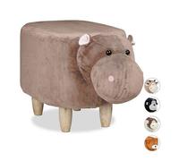 Relaxdays Tabouret Enfant Motifs Animaux Bois, Polyester, Peluche, Hippopotame, 35 x 32 x 40 cm