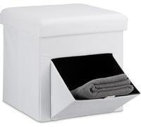 Relaxdays Tabouret de rangement carré pliant en lin couvercle amovible avec tiroir bascule pivotant pouf stockage cube HxlxP: 38 x 38 x 38 cm repose-pieds, blanc