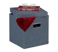 Relaxdays Tabouret Pliable, avec Couvercle et poignées, Pouf de Rangement, HxLxP : 29,5x29,5x29,5 cm, Bleu-Gris