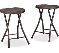 Relaxdays Tabouret de jardin lot de 2 BASTIAN pliant plastique optique rotin balcon terrasse rond résistant HxlxP: 45 x 32,5 x 29 cm, marron
