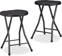 Relaxdays Tabouret de jardin lot de 2 BASTIAN pliant plastique optique rotin balcon terrasse rond résistant HxlxP: 45 x 32,5 x 29 cm, noir