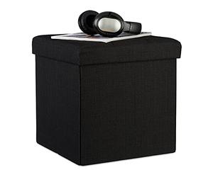 Relaxdays Tabouret Pliant en Lin Pouf de Rangement Pliable Repose-Pieds de Stockage carré 38 x 38 x 38 cm, Noir