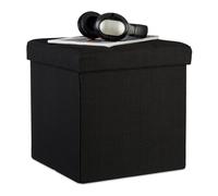 Relaxdays Tabouret Pliant en Lin Pouf de Rangement Pliable Repose-Pieds de Stockage carré 38 x 38 x 38 cm, Noir