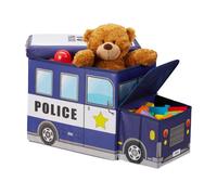 Relaxdays Tabouret Coffre boîte à Jouets Couvercle Pouf Enfant Pliable Voiture Police 50 litres, Bleu foncé, 33 x 27 x 56 cm