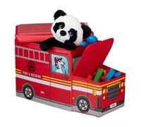 Relaxdays Tabouret Coffre boîte à Jouets Couvercle Pouf Enfant Pliable Auto 50 litres, Voiture Pompier Rouge, Polyester, Fire Truck, 33 x 27 x 56 cm