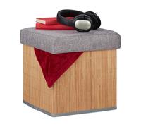 Relaxdays Tabouret rangement, rembourré, pliable, bambou, tissu, HxLxP : 36 x 35 x 35 cm, repose-pieds, nature-gris