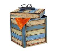 Relaxdays Tabouret Rangement Vintage, Motif Vieilles Planches, Pliable, matelassé, HxLxP : 38x37,5x37,5 cm, Multicolore