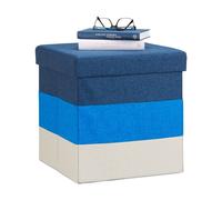 Relaxdays Tabouret cube carré pliant coffre de rangement pliable pouf rayé tricolore HxlxP: 38 x 38 x 38 cm, bleu-blanc