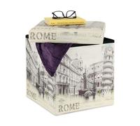 Relaxdays Tabouret Rangement Vintage, Motif Carte Postale Ancienne, Pliable, matelassé, HxLxP : 38x37,5x37,5 cm, Blanc