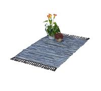 Relaxdays Tapis à Franges, 60x100 cm, Coton et Cuir, tissé Main, antidérapant, natte, Chambre, Couloir, Bleu