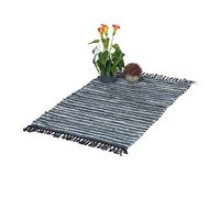 Relaxdays Tapis à Franges, 60x100 cm, Coton et Cuir, tissé Main, antidérapant, natte, Chambre, Couloir, Gris