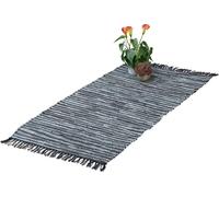 Relaxdays Tapis tissé, 70 x 140 cm, Coton et Cuir, Descente de lit à Franges, antidérapant, natte décorative, Gris
