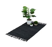 Relaxdays Tapis tissé, 60x110 cm, Coton et Cuir, Descente de lit à Franges, antidérapant, Chambre et Couloir, Noir