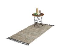 Relaxdays Tapis tissé, 70 x 140 cm, Coton et Cuir, Descente de lit à Franges, antidérapant, Gris