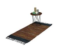 Relaxdays Tapis tissé, 70 x 140 cm, Coton et Cuir, Descente de lit à Franges, antidérapant, Marron