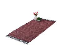 Relaxdays Tapis tissé, 70 x 140 cm, Coton et Cuir, Descente de lit à Franges, antidérapant, natte décorative, Rouge