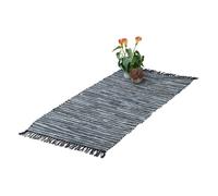 Relaxdays Tapis tissé, 70 x 140 cm, Coton et Cuir, Descente de lit à Franges, antidérapant, natte décorative, Gris