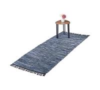 Relaxdays Tapis tissé, 80 x 200 cm, Coton et Cuir, Descente de lit à Franges, antidérapant, natte décorative, Bleu