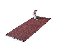 Relaxdays Tapis tissé, 80 x 200 cm, Coton et Cuir, Descente de lit à Franges, antidérapant, natte décorative, Rouge