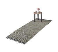 Relaxdays Tapis tissé, 80 x 200 cm, Coton et Cuir, Descente de lit à Franges, antidérapant, natte décorative, Vert