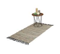 Relaxdays Tapis tissé, 70 x 140 cm, Coton et Cuir, Descente de lit à Franges, antidérapant, Gris